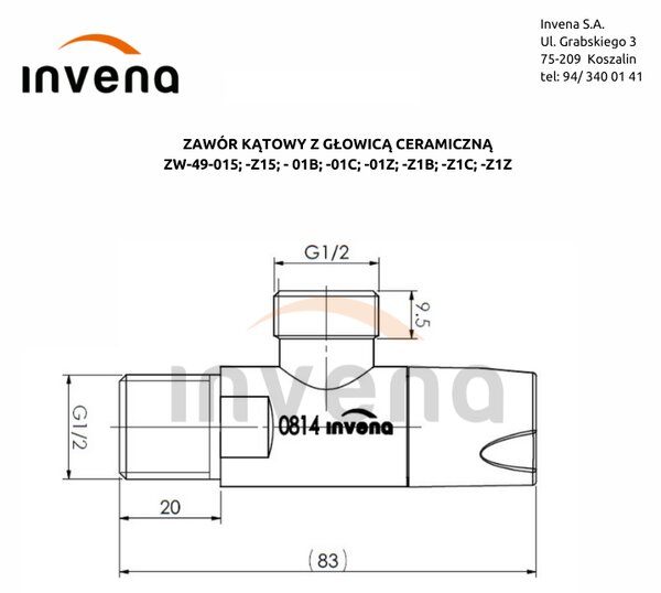 Invena Invena, úhlový ventil s keramickou hlavou 1/2" X 1/2", černá matná, INV-ZW-49-01C-W