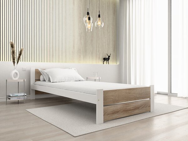 Postel IKAROS DOUBLE 90 x 200 cm, bílá/dub sonoma s lamelovým roštem