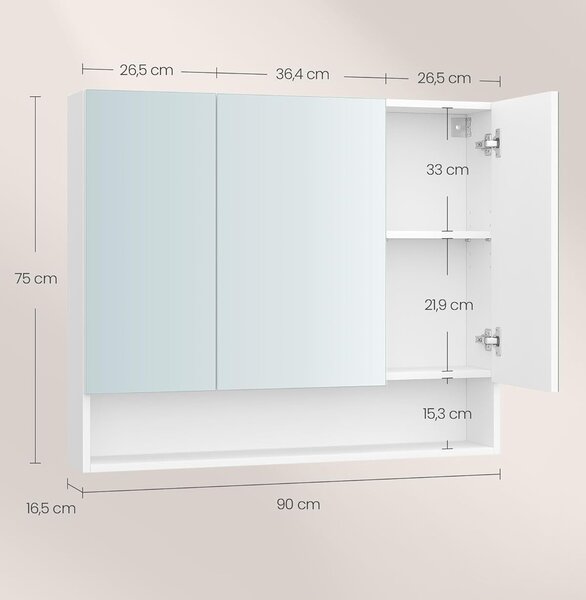 SONGMICS Koupelnová zrcadlová skříňka Vasagle Masli 90 cm bílá