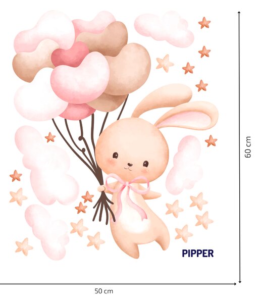 PIPPER. Textilní nálepka na zeď "Zajíček s balony - růžová"
