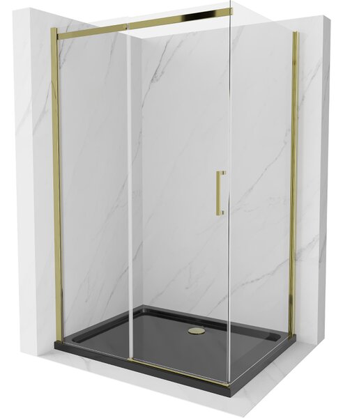 Mexen Omega rozsouvací sprchový kout 120 x 80 cm, Průhledné, Zlatá + sprchová vanička Flat, Černá
