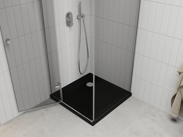 Mexen Roma, sprchový kout s křídlovými dveřmi 80 (dveře) x 80 (stěna) cm, 6mm čiré sklo, chromový profil + slim sprchová vanička černá + chromový sifon, 854-080-080-01-00-4070