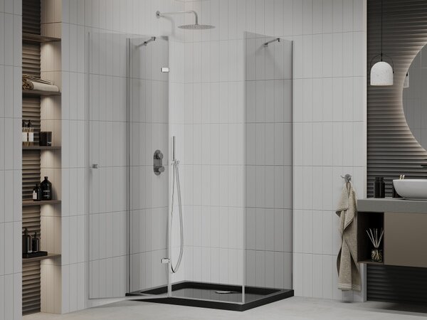 Mexen Roma, sprchový kout s křídlovými dveřmi 100 (dveře) x 80 (stěna) cm, 6mm čiré sklo, chromový profil + slim sprchová vanička černá + chromový si…