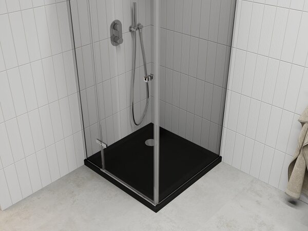 Mexen Roma, sprchový kout s křídlovými dveřmi 80 (dveře) x 80 (stěna) cm, 6mm čiré sklo, chromový profil + slim sprchová vanička černá + chromový sifon, 854-080-080-01-00-4070