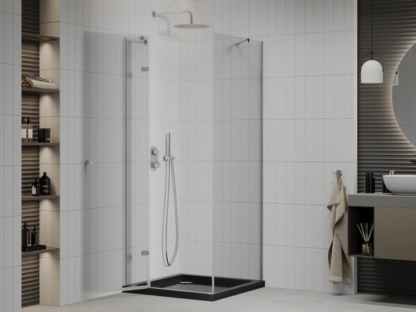 Mexen Roma, sprchový kout s křídlovými dveřmi 80 (dveře) x 80 (stěna) cm, 6mm čiré sklo, chromový profil + slim sprchová vanička černá + chromový sifon, 854-080-080-01-00-4070