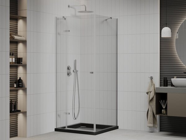 Mexen Roma, sprchový kout s křídlovými dveřmi 80 (dveře) x 80 (stěna) cm, 6mm čiré sklo, chromový profil + slim sprchová vanička černá + chromový sifon, 854-080-080-01-00-4070