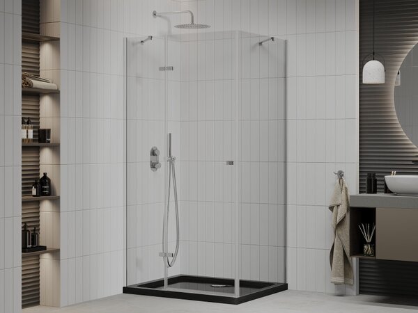 Mexen Roma, sprchový kout s křídlovými dveřmi 100 (dveře) x 80 (stěna) cm, 6mm čiré sklo, chromový profil + slim sprchová vanička černá + chromový si…