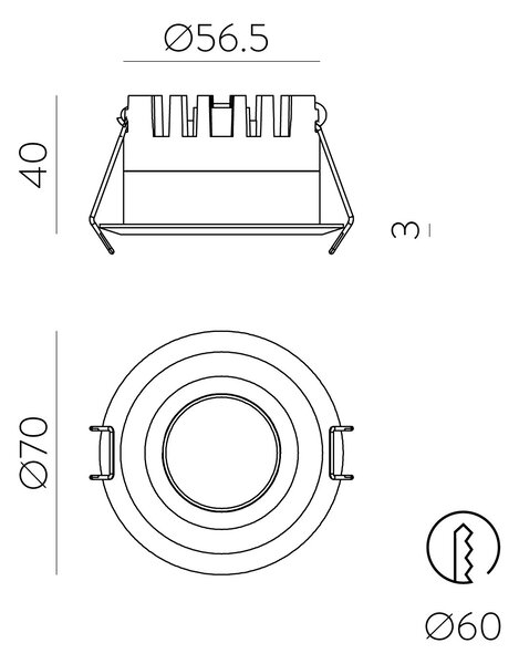 ACB Iluminacion Zapuštěné bodové LED svítidlo SHORT, 5W, Ø 70 mm, CRI90, CCT switch 3000-4000K, IP40 Barva: Černá, Stmívání a řízení: ON/OFF