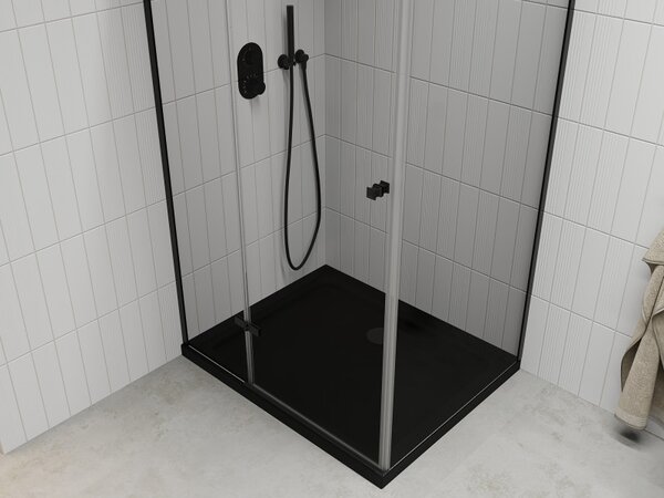 Mexen Roma, sprchový kout s 1-křídlými dveřmi 80 (dveře) x 100 (stěna) cm, 6mm čiré sklo, černý profil, slim sprchová vanička 5cm černá s černým sifo…