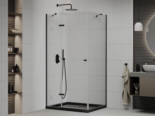 Mexen Roma, sprchový kout s 1-křídlými dveřmi 80 (dveře) x 100 (stěna) cm, 6mm čiré sklo, černý profil, slim sprchová vanička 5cm černá s černým sifo…