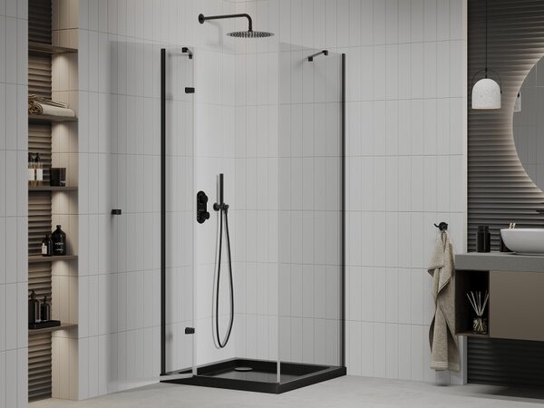 Mexen Roma, sprchový kout s 1-křídlými dveřmi 80 (dveře) x 80 (stěna) cm, 6mm čiré sklo, černý profil, slim sprchová vanička 5cm černá s černým sifonem, 854-080-080-70-00-4070B