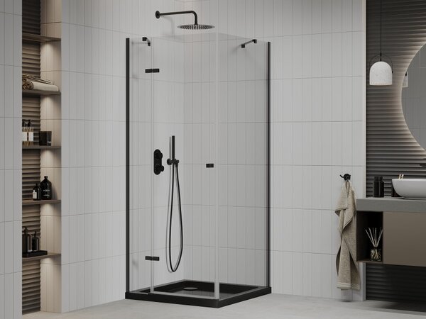 Mexen Roma, sprchový kout s 1-křídlými dveřmi 80 (dveře) x 80 (stěna) cm, 6mm čiré sklo, černý profil, slim sprchová vanička 5cm černá s černým sifonem, 854-080-080-70-00-4070B