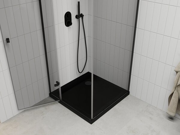 Mexen Roma, sprchový kout s 1-křídlými dveřmi 80 (dveře) x 80 (stěna) cm, 6mm čiré sklo, černý profil, slim sprchová vanička 5cm černá s černým sifonem, 854-080-080-70-00-4070B