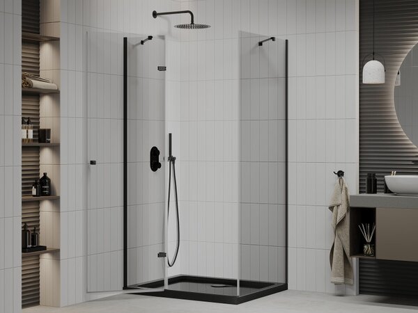 Mexen Roma, sprchový kout s 1-křídlými dveřmi 80 (dveře) x 100 (stěna) cm, 6mm čiré sklo, černý profil, slim sprchová vanička 5cm černá s černým sifo…
