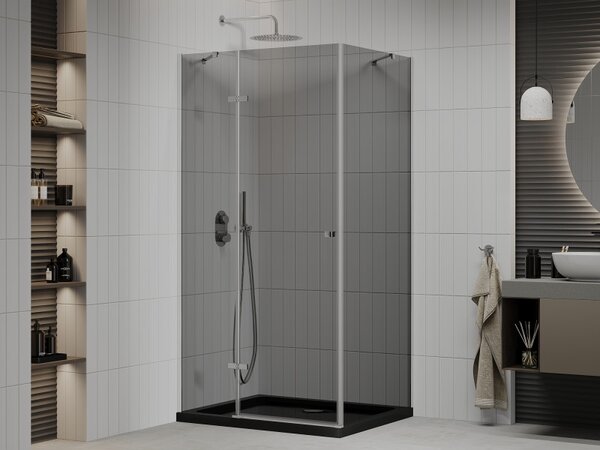 Mexen Roma, sprchový kout s křídlovými dveřmi 100 (dveře) x 80 (stěna) cm, 6mm šedé sklo, chromový profil + slim sprchová vanička černá + chromový si…
