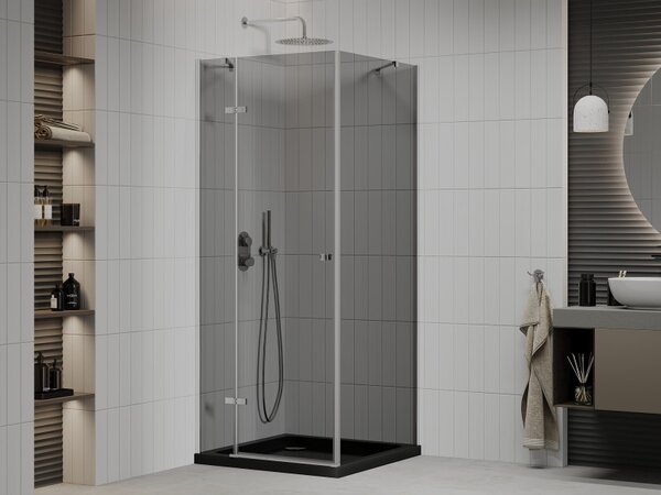 Mexen Roma, sprchový kout s křídlovými dveřmi 80 (dveře) x 80 (stěna) cm, 6mm šedé sklo, chromový profil + slim sprchová vanička černá + chromový sifon, 854-080-080-01-40-4070