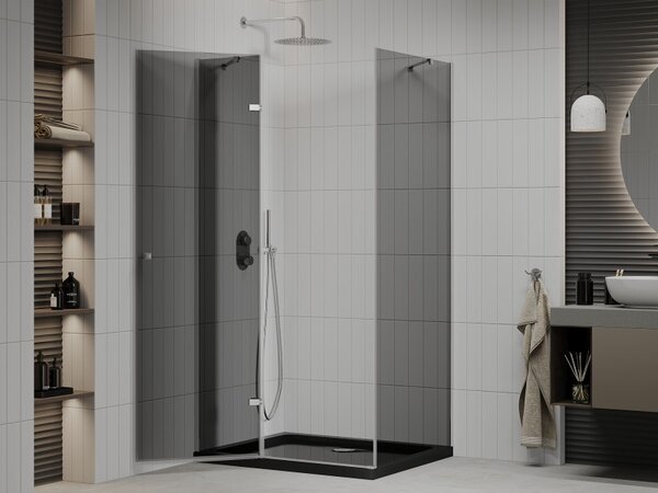 Mexen Roma, sprchový kout s křídlovými dveřmi 100 (dveře) x 80 (stěna) cm, 6mm šedé sklo, chromový profil + slim sprchová vanička černá + chromový si…