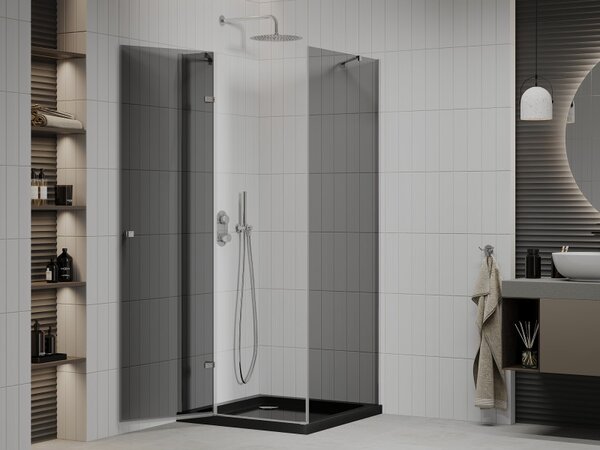 Mexen Roma, sprchový kout s křídlovými dveřmi 80 (dveře) x 80 (stěna) cm, 6mm šedé sklo, chromový profil + slim sprchová vanička černá + chromový sifon, 854-080-080-01-40-4070