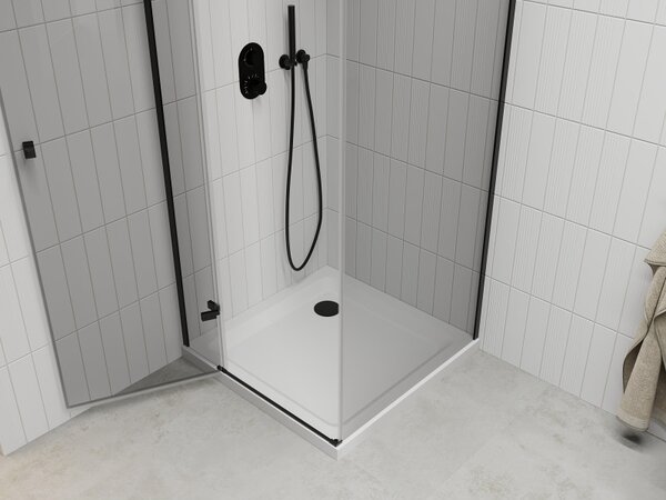 Mexen Roma, sprchový kout s 1-křídlými dveřmi 90 (dveře) x 90 (stěna) cm, 6mm čiré sklo, černý profil, slim sprchová vanička 5cm bílá s černým sifone…