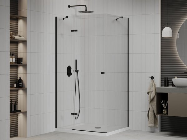 Mexen Roma, sprchový kout s 1-křídlými dveřmi 70 (dveře) x 100 (stěna) cm, 6mm čiré sklo, černý profil, slim sprchová vanička 5cm bílá s černým sifon…