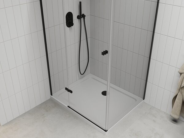 Mexen Roma, sprchový kout s 1-křídlými dveřmi 70 (dveře) x 100 (stěna) cm, 6mm čiré sklo, černý profil, slim sprchová vanička 5cm bílá s černým sifon…