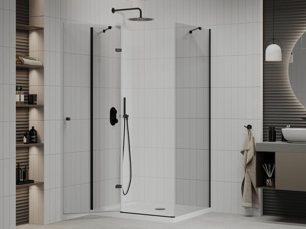 Mexen Roma, sprchový kout s 1-křídlými dveřmi 70 (dveře) x 100 (stěna) cm, 6mm čiré sklo, černý profil, slim sprchová vanička 5cm bílá s černým sifon…