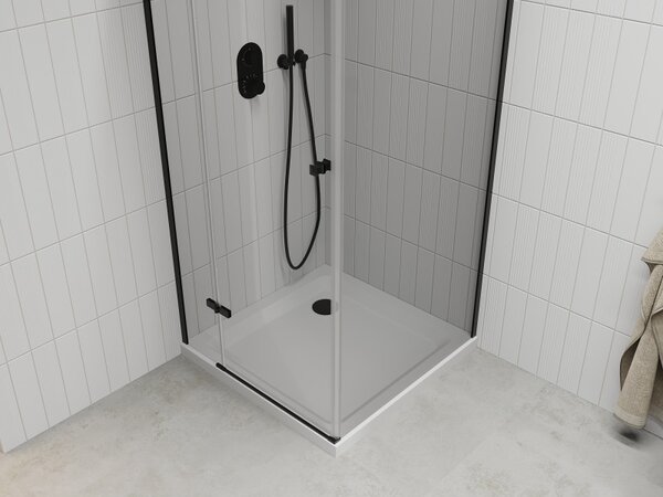 Mexen Roma, sprchový kout s 1-křídlými dveřmi 90 (dveře) x 90 (stěna) cm, 6mm čiré sklo, černý profil, slim sprchová vanička 5cm bílá s černým sifone…