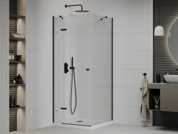 Mexen Roma, sprchový kout s 1-křídlými dveřmi 90 (dveře) x 90 (stěna) cm, 6mm čiré sklo, černý profil, slim sprchová vanička 5cm bílá s černým sifone…