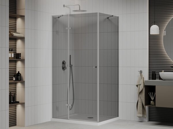 Mexen Roma, sprchový kout s křídlovými dveřmi 100 (dveře) x 70 (stěna) cm, 6mm šedé sklo, chromový profil + slim sprchová vanička bílá + chromový sif…