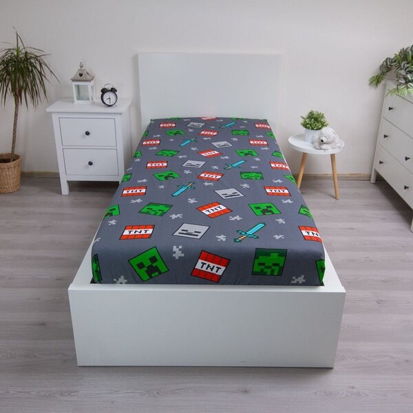 Šedé napínací bavlněné dětské prostěradlo na jednolůžko 90x200 cm Minecraft "We got this" – Jerry Fabrics