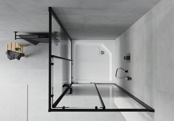 Mexen Rio, čtvercový sprchový kout 90(dveře)x90(dveře)x190 cm, 5mm čiré sklo-vzor pásky, černý profil + bílá sprchová vanička RIO, 860-090-090-70-20-…