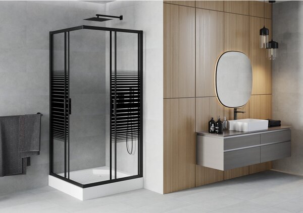 Mexen Rio, čtvercový sprchový kout 90(dveře)x90(dveře)x190 cm, 5mm čiré sklo-vzor pásky, černý profil + bílá sprchová vanička RIO, 860-090-090-70-20-…