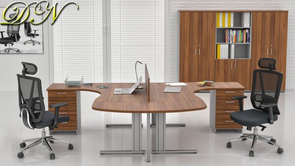 NABYTEK-DESIGNOVY.CZ - Rohová kancelář pro 2 pracovníky KOMFORT – kovové podnože, ořech/šedá – ZEP 2.12P 19