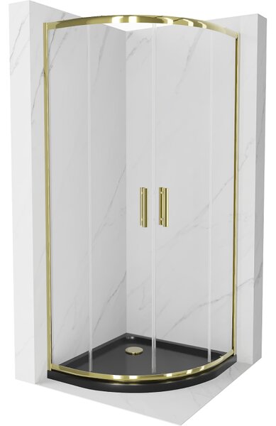 Mexen Rio půlkruhový sprchový kout 80 x 80 cm, Průhledné, Zlatá + sprchová vanička Flat, Černá