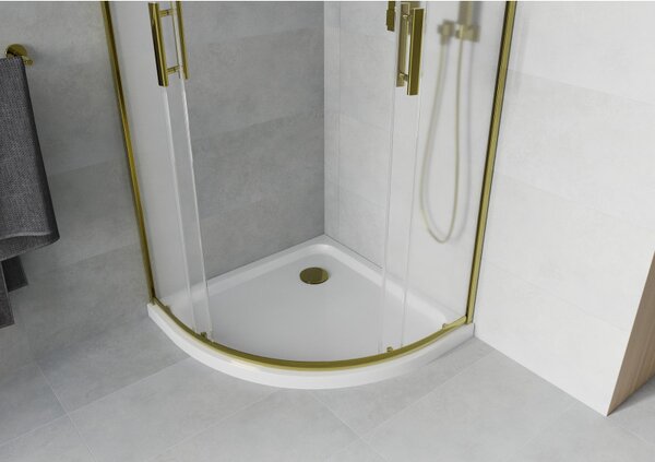 Mexen Rio, čtvrtkruhový sprchový kout 90(dveře)x90(dveře)x190 cm, 5mm sklo námraza, zlatý profil + bílá sprchová vanička SLIM, 863-090-090-50-30-4110G