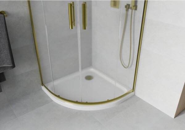 Mexen Rio, čtvrtkruhový sprchový kout 90(dveře)x90(dveře)x190 cm, 5mm sklo námraza, zlatý profil + bílá sprchová vanička SLIM, 863-090-090-50-30-4110G
