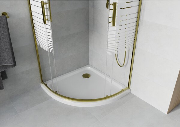 Mexen Rio, čtvrtkruhový sprchový kout 80(dveře)x80(dveře)x190 cm, 5mm čiré sklo s pásky, zlatý profil + bílá sprchová vanička SLIM, 863-080-080-50-20-4110G