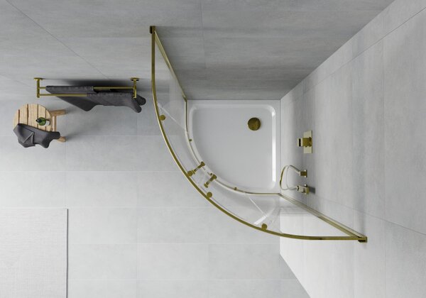 Mexen Rio, čtvrtkruhový sprchový kout 80(dveře)x80(dveře)x190 cm, 5mm čiré sklo s pásky, zlatý profil + bílá sprchová vanička SLIM, 863-080-080-50-20-4110G