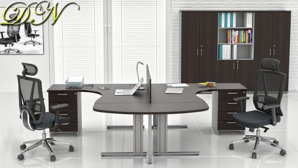 NABYTEK-DESIGNOVY.CZ - Rohová kancelář pro 2 pracovníky KOMFORT – kovové podnože, kaštan/šedá – ZEP 2.12P 07