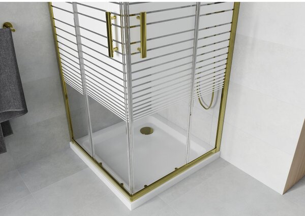 Mexen Rio, čtvercový sprchový kout s posuvnými dveřmi 70 (dveře) x 70 (dveře) x 190 cm, 5mm čiré sklo s pásky, zlatý profil + bílá sprchová vanička SLIM, 860-070-070-50-20-4010G