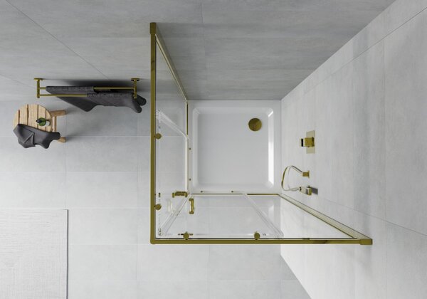 Mexen Rio, čtvercový sprchový kout s posuvnými dveřmi 70 (dveře) x 70 (dveře) x 190 cm, 5mm čiré sklo, zlatý profil + sprchová vanička SLIM se zlatým sifonem, 860-070-070-50-00-4010G