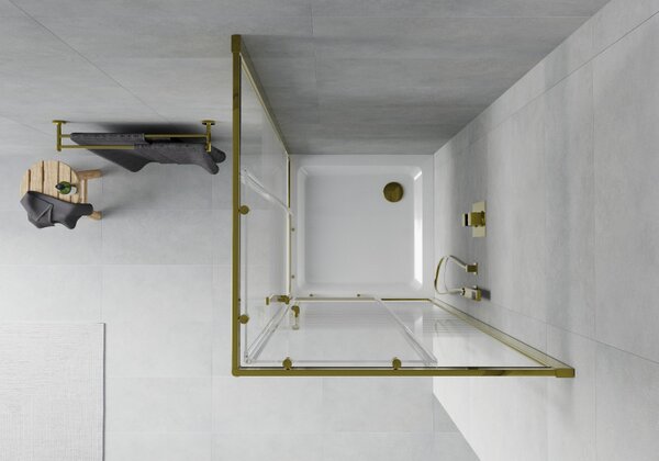 Mexen Rio, čtvercový sprchový kout s posuvnými dveřmi 70 (dveře) x 70 (dveře) x 190 cm, 5mm čiré sklo s pásky, zlatý profil + bílá sprchová vanička SLIM, 860-070-070-50-20-4010G