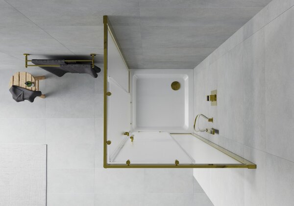 Mexen Rio, čtvercový sprchový kout s posuvnými dveřmi 70 (dveře) x 70 (dveře) x 190 cm, 5mm sklo námraza, zlatý profil + bílá sprchová vanička SLIM, …