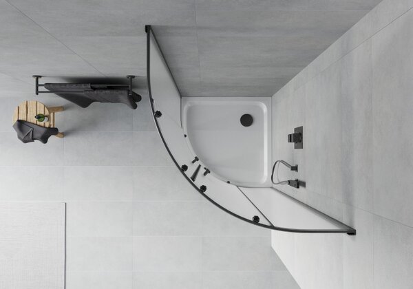 Mexen Rio, čtvrtkruhový sprchový kout 90(dveře)x90(dveře)x190 cm, 5mm sklo námraza, černý profil + bílá sprchová vanička SLIM, 863-090-090-70-30-4110B