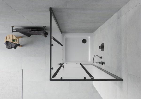 Mexen Rio, sprchový kout s posuvnými dveřmi 90x90x190 cm, 5mm sklo námraza, černý profil + bílá sprchová vanička SLIM, 860-090-090-70-30-4010B
