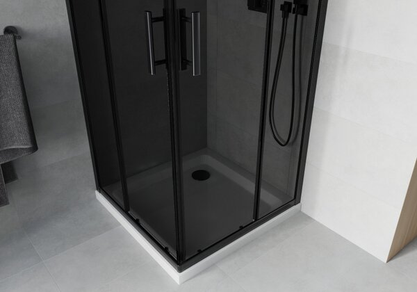 Mexen Rio, čtvercový sprchový kout 90(dveře)x90(dveře)x190 cm, 5mm šedé sklo, černý profil + bílá sprchová vanička SLIM, 860-090-090-70-40-4010B