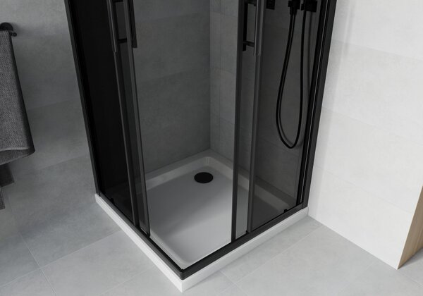 Mexen Rio, čtvercový sprchový kout 90(dveře)x90(dveře)x190 cm, 5mm šedé sklo, černý profil + bílá sprchová vanička SLIM, 860-090-090-70-40-4010B