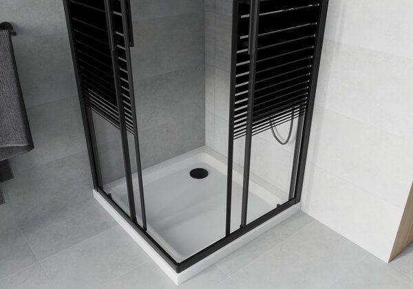 Mexen Rio, čtvercový sprchový kout s posuvnými dveřmi 70 (dveře) x 70 (dveře) x 190 cm, 5mm čiré sklo s pásky, černý profil + bílá sprchová vanička SLIM, 860-070-070-70-20-4010B