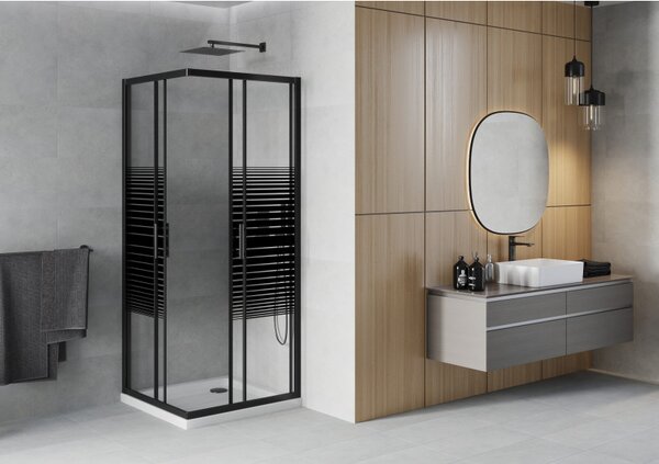 Mexen Rio, čtvercový sprchový kout s posuvnými dveřmi 70 (dveře) x 70 (dveře) x 190 cm, 5mm čiré sklo s pásky, černý profil + bílá sprchová vanička SLIM, 860-070-070-70-20-4010B