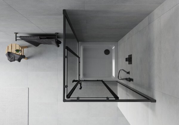 Mexen Rio, čtvercový sprchový kout 90(dveře)x90(dveře)x190 cm, 5mm šedé sklo, černý profil + bílá sprchová vanička SLIM, 860-090-090-70-40-4010B